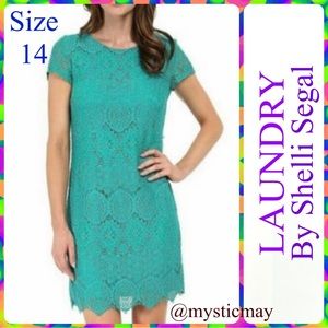 LAUNDRY Spring Green Crochet Lace Floral Medallion Overlay Shift Dress Size 14